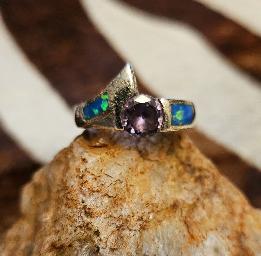 Vintage Amethyst & Opal Inlay 925 Sterling Silver Ring Size 7